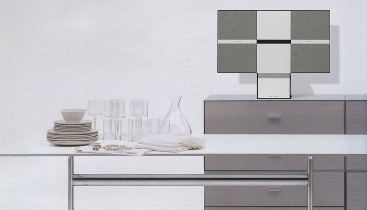 Beosound Millenium mounted above a white sideboard