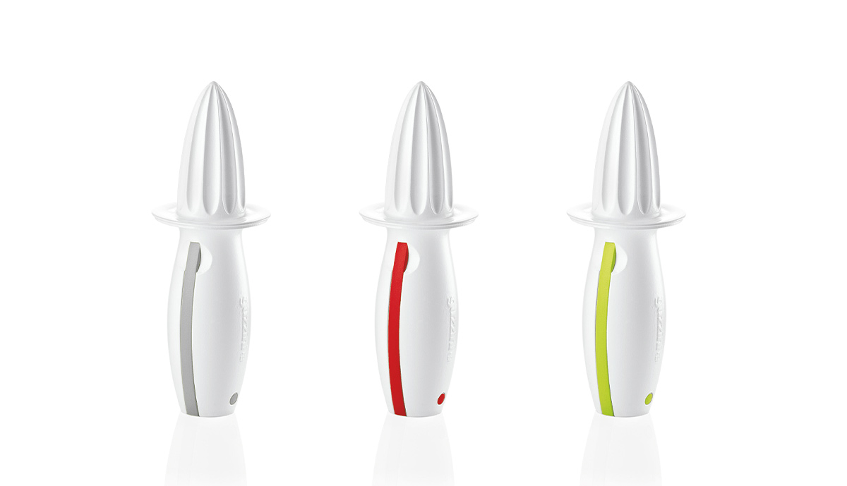 Guzzini citrus juicers in grey, red and green